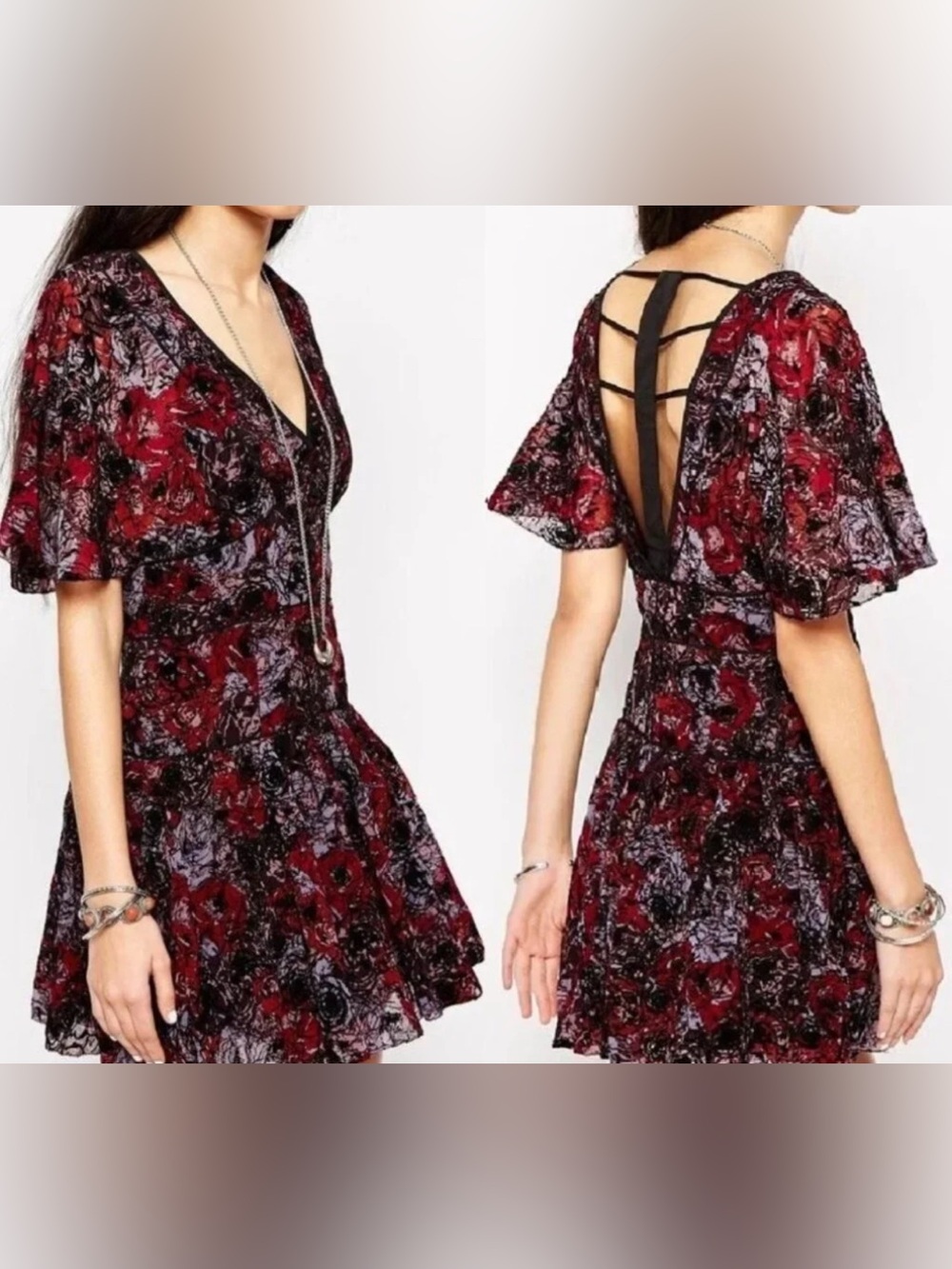 FREE PEOPLE PERFECT DREAM VELVET BOHO FLORAL BERRY COMBO DRESS Sz. 2 Whimsigoth